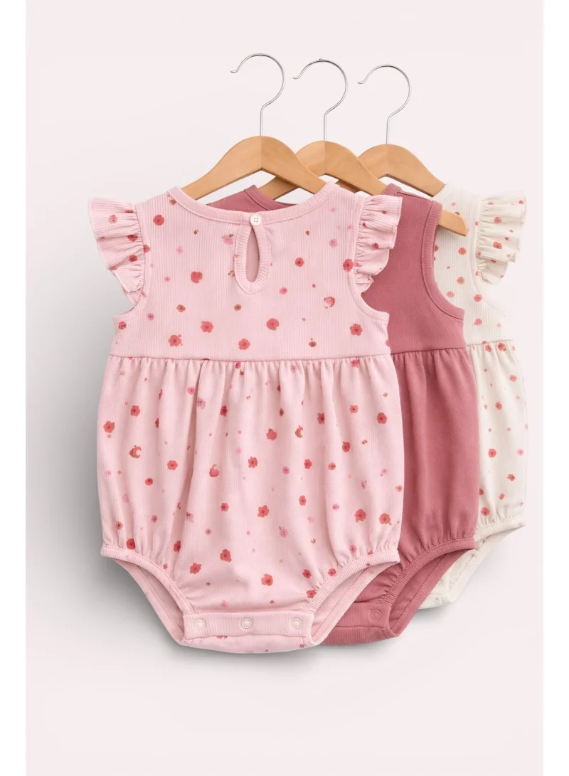 Victor And Jane Pack Of 3 Baby Girls Floral Ribbed Bodysuit Rompers – Pack of 3 (Pink & Neutral Tones) for Women | Best Price UAE